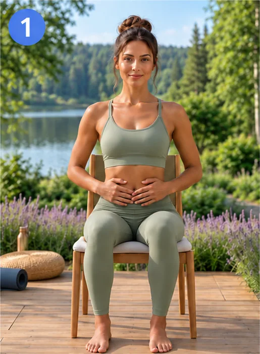 Step 1: a woman sitting upright on a chair with both hands resting on the belly