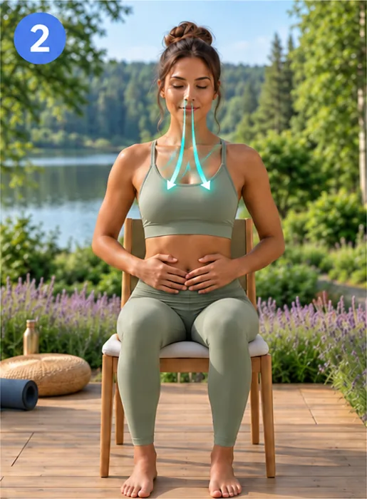 Step 2: a woman breathing in through the nose as the belly rises