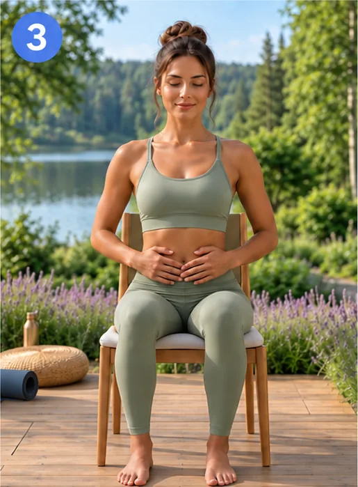 Step 3: a woman holding the breath with eyes closed, hands still on the belly