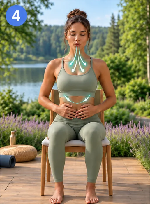 Step 4: a woman breathing out slowly through the mouth as the belly falls