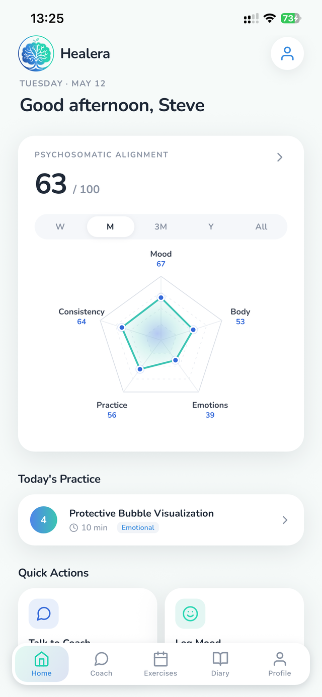 Healera — home screen with psychosomatic alignment score