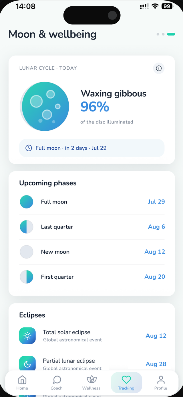 Healera — moon and wellbeing screen showing today's phase, upcoming quarters and eclipses