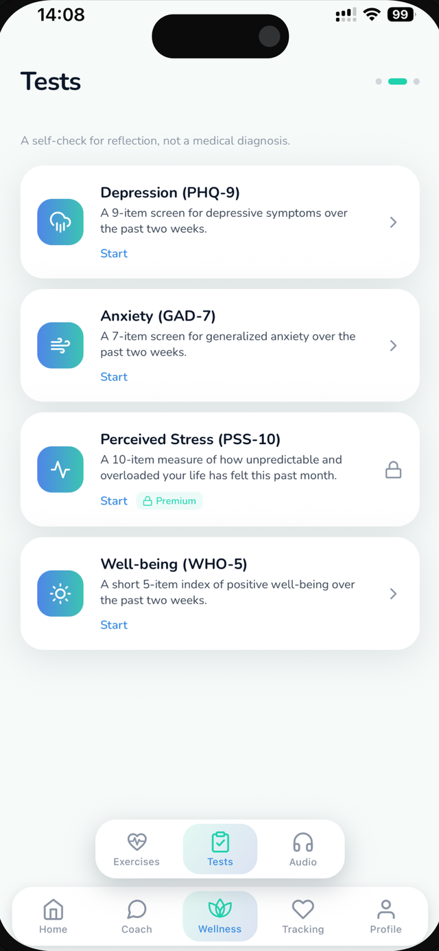 Healera — self-check tests: PHQ-9, GAD-7, PSS-10 and WHO-5